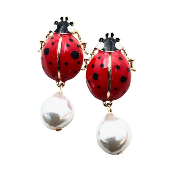Womens Earrings Pierced Lady Bug Red Enamel Faux Pearl Gold Tone Chandelier - Picture 1 of 4